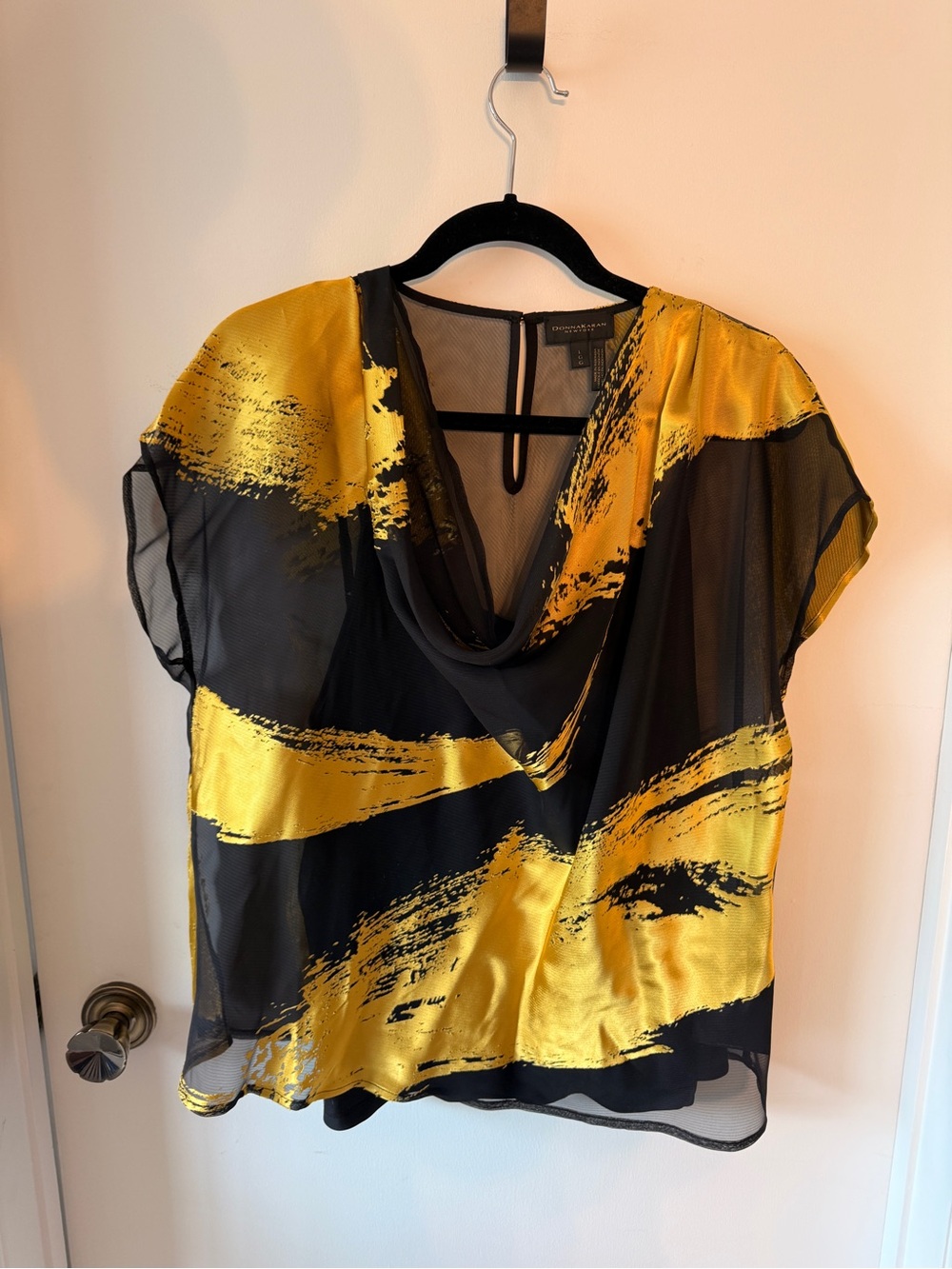 NWT Donna Karan New York Black Gold Abstract Brushstroke Chiffon Top Size Large